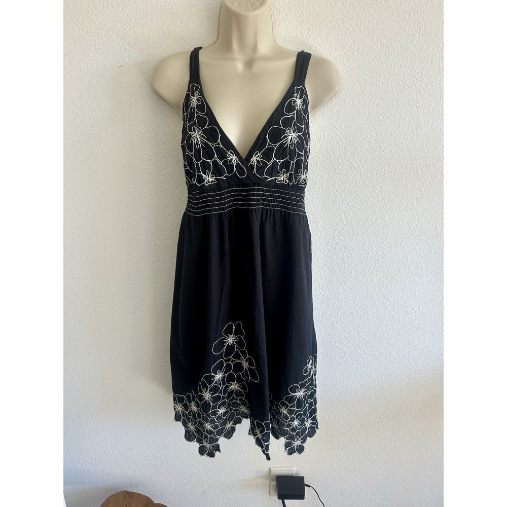 Vintage Zucca Dress Black Embroidered Floral Smock Empire‎ Waist Sz M Y2K Beachy